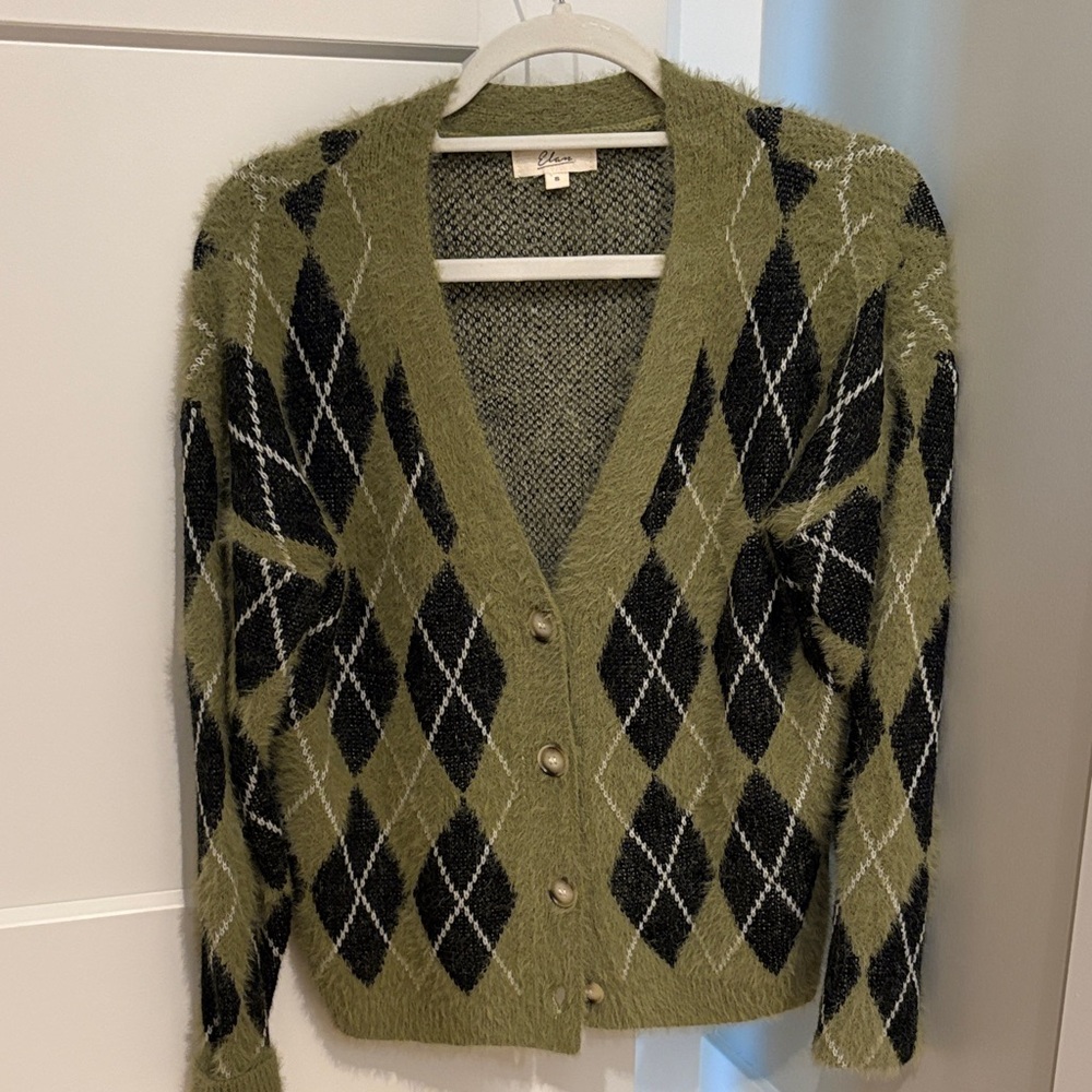 Elan Green and Black Argyle Knit Cardigan